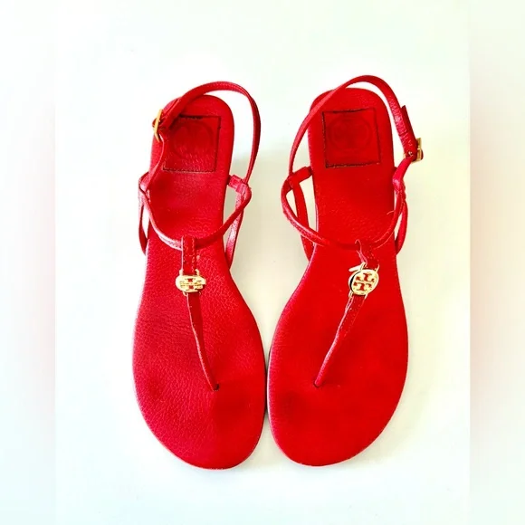 Tory Burch Emmy Leather Thong Wedge Sandals Red 9.5M - Picture 6 of 6